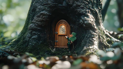 Whimsical Leprechaun at Forest Tree Door