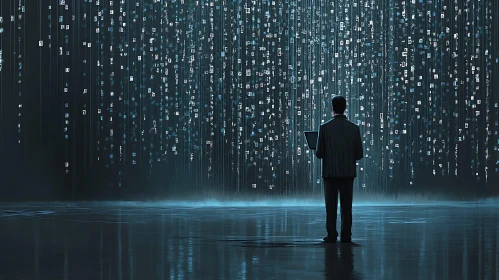 Man with Laptop and Digital Rain
