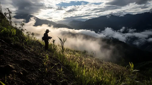 Man on Hillside, Mountainous Backdrop