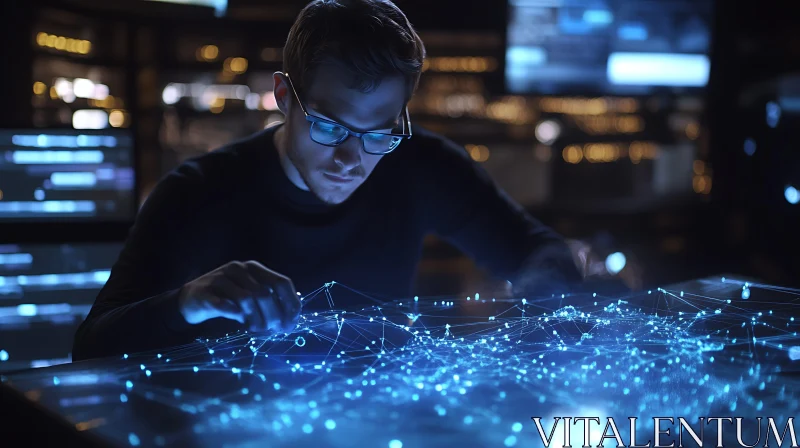 Man and Futuristic Data Network Interface