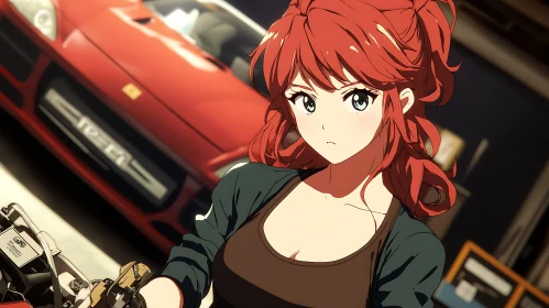 Determined Anime Girl and Red Sports Car