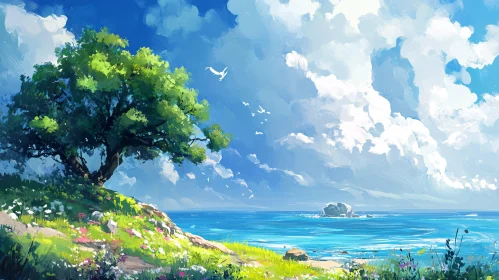 Serene Seascape with Tree and Clouds