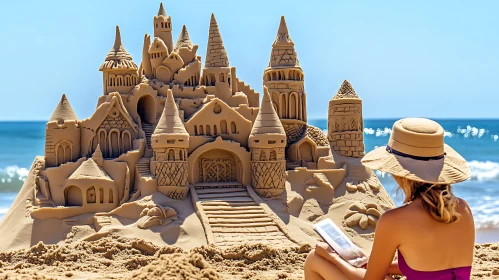 Seaside Serenity: A Woman and Her Sandcastle