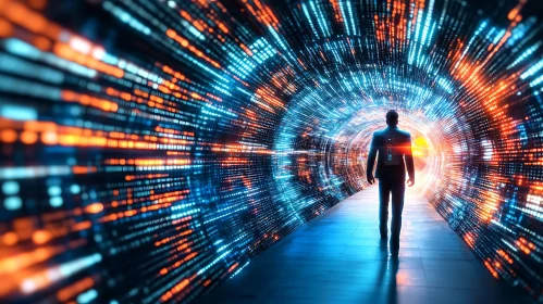 Man Walking in Futuristic Data Stream
