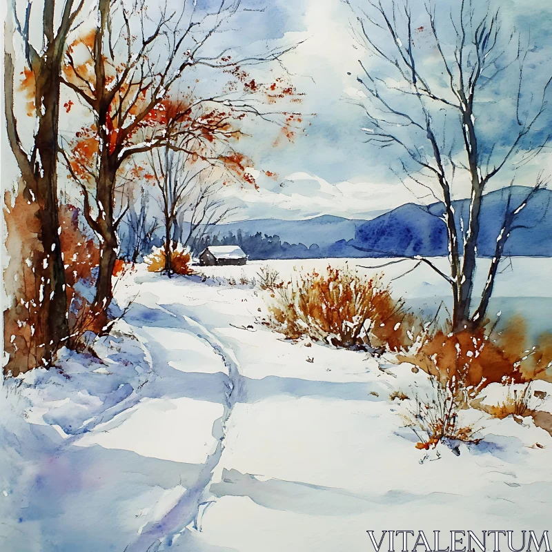 Snowy Path to Cabin Watercolor Art AI Image
