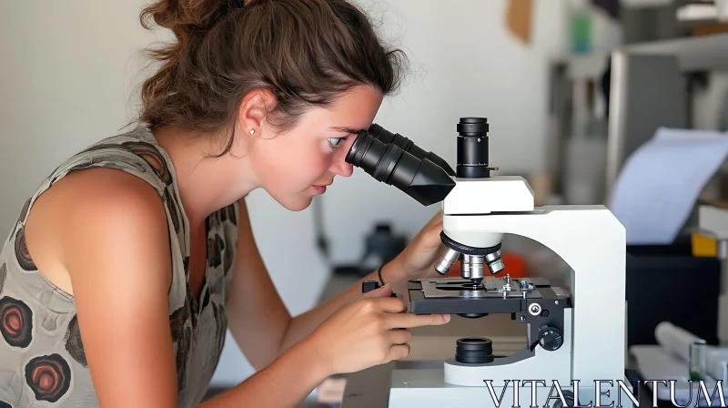 Woman Analyzing Sample Under Microscope