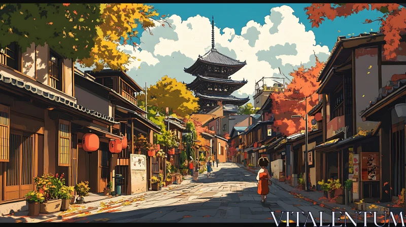 Japanese Pagoda in Autumn Scenery