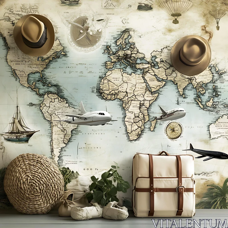 Antique Travel Map with Accessories