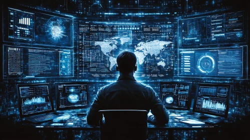 Blue Data Stream: Man and Monitors