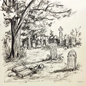 Monochrome Cemetery Sketch with Old Tombstones