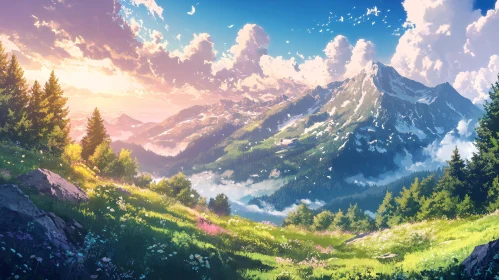 Anime Style Mountain Meadow View