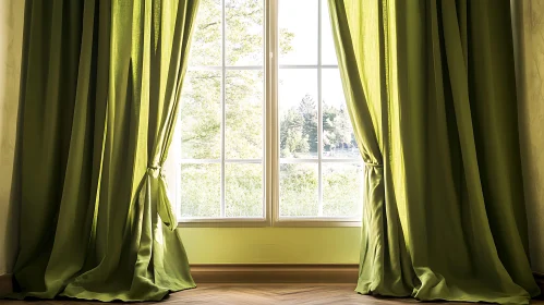 Sunlit Window with Green Drapery