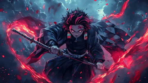 Anime Fighter Amidst Flames and Battle Clouds