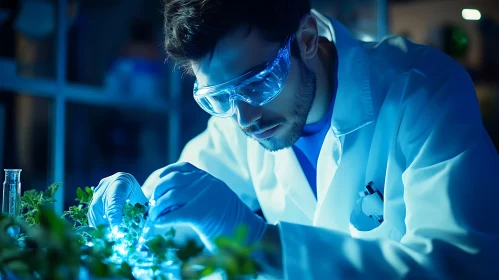 Scientist Examining Plants in Lab