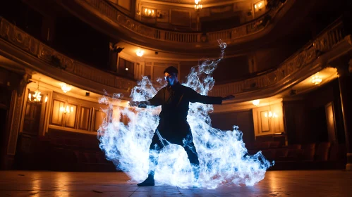 Man Surrounded by Blue Energy on Theater Stage