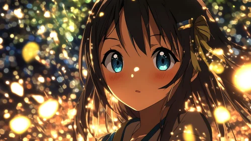 Mystical Anime Girl with Blue Eyes and Bokeh Background