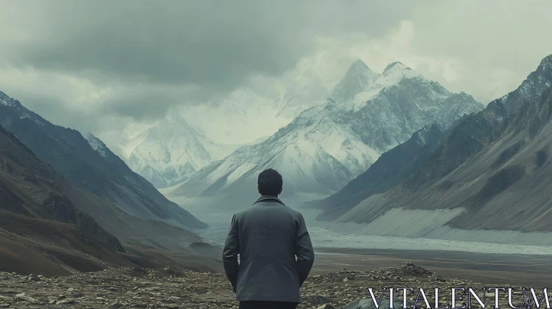 AI ART Man Facing Snow-Capped Mountains