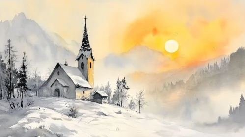 Snowy Church Landscape at Sunset