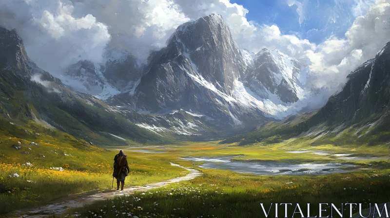 Lone Hiker in Mountainous Landscape