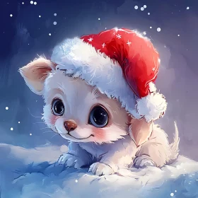 Cute Puppy Wearing Santa Hat in Snow