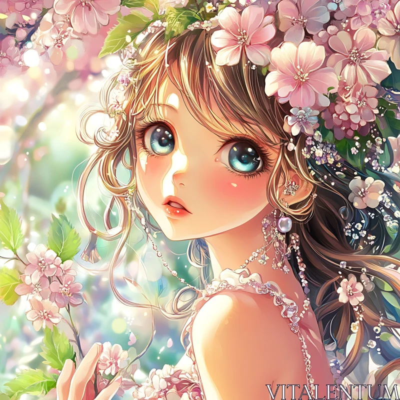 Anime Girl with Floral Crown in Spring Setting