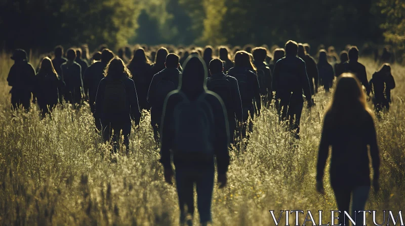 Figures Walking Through Golden Field