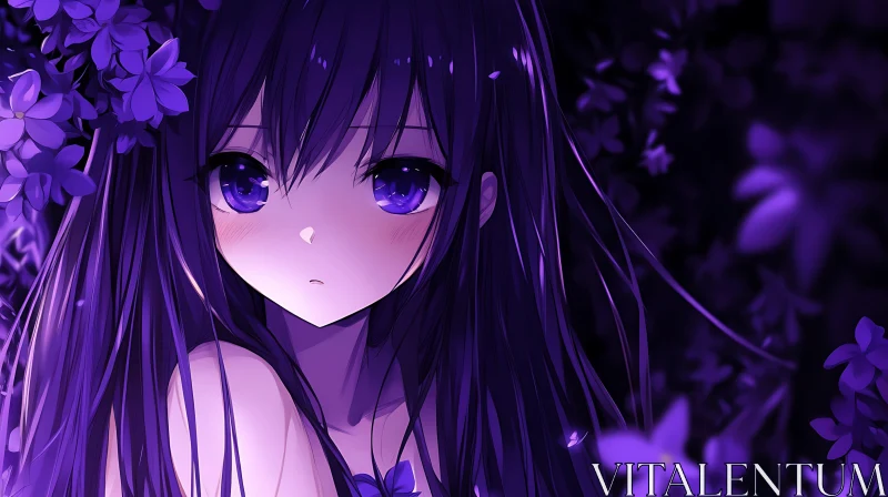 Mystical Anime Girl Amidst Purple Blossoms