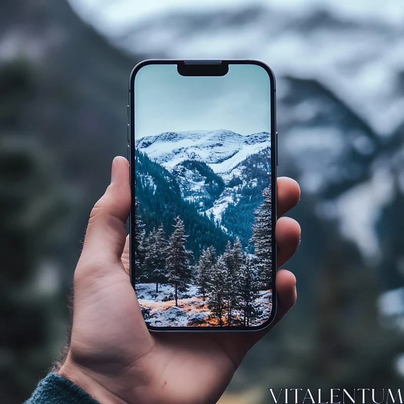 Winter Mountain View Through Phone Screen