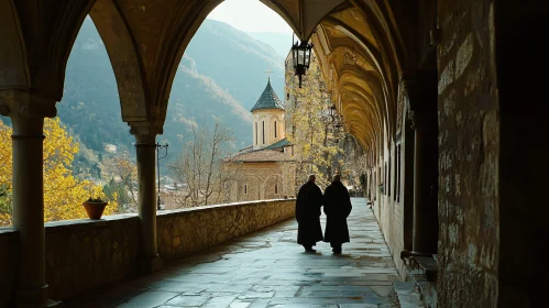 Historic Monastery Walkway with Autumn Foliage