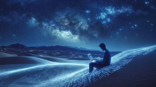 Night Coder in Desert Landscape