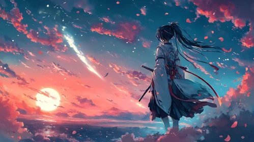 Lone Samurai at Sunset with Meteor in the Sky