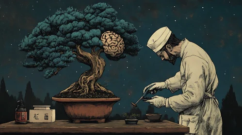 Surreal Bonsai Tree with Brain Foliage
