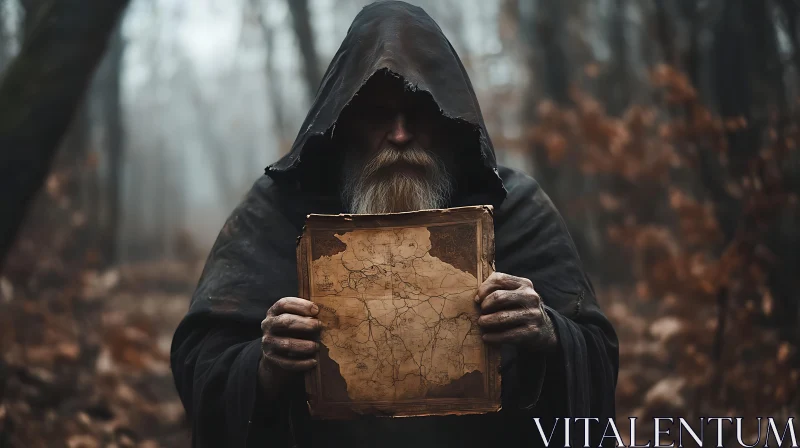 Enigmatic Figure with Map in Misty Woods