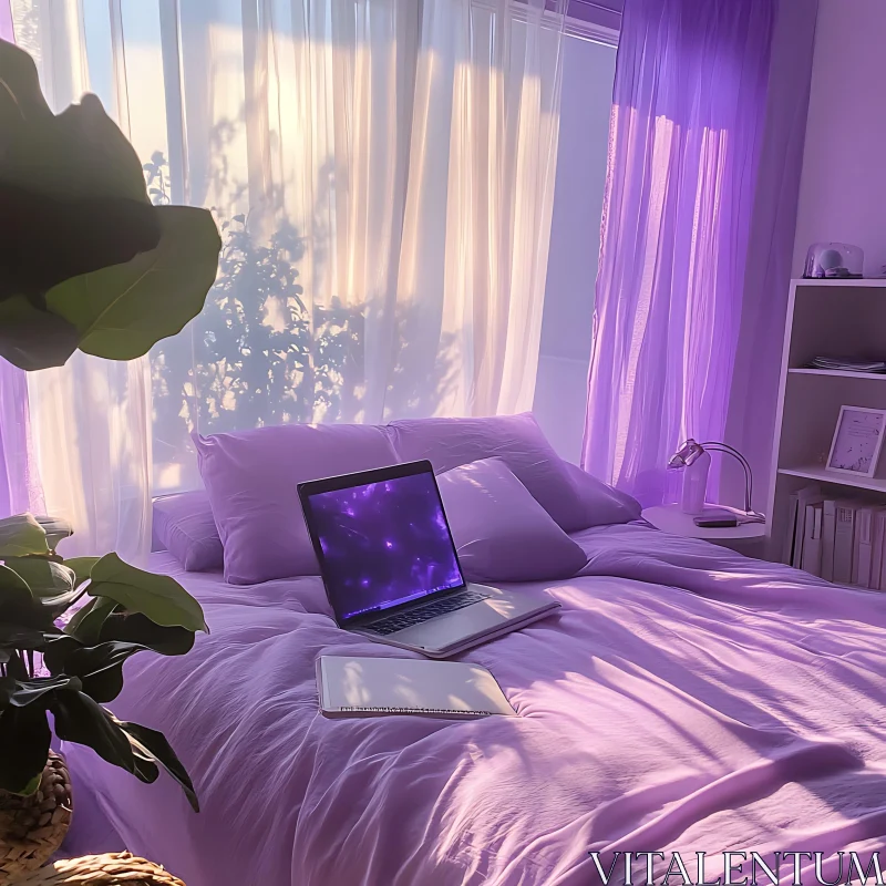 Serene Purple Bedroom with Laptop