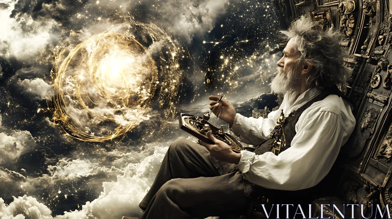 Steampunk Time Traveler in Cosmic Scene