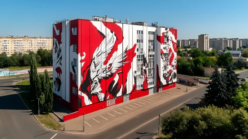 Urban Building with Bird Mural Art