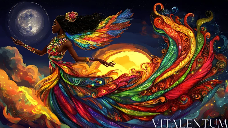Moonlit Woman with Rainbow Wings