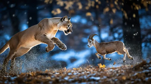 Mountain Lion Hunting Goat in Autumn Forest