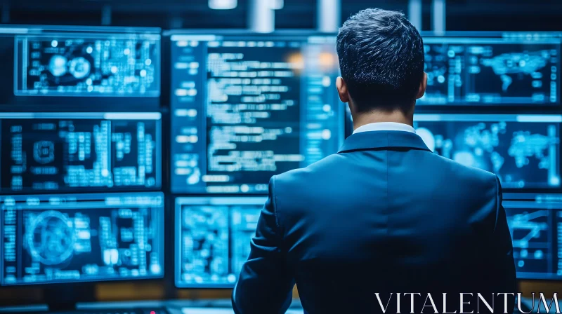 Man Analyzing Blue Data Screens