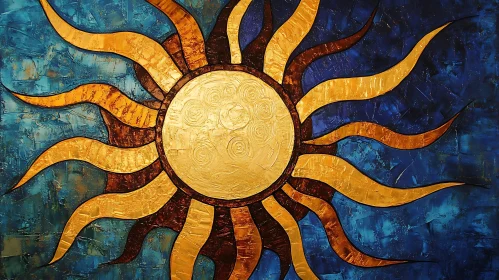 Golden Sun on Blue Abstract Canvas