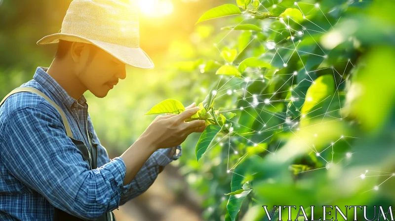 Farmer Inspecting Crops with Digital Overlay