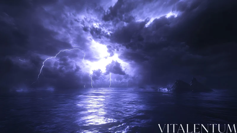 Night Sea Storm with Lightning