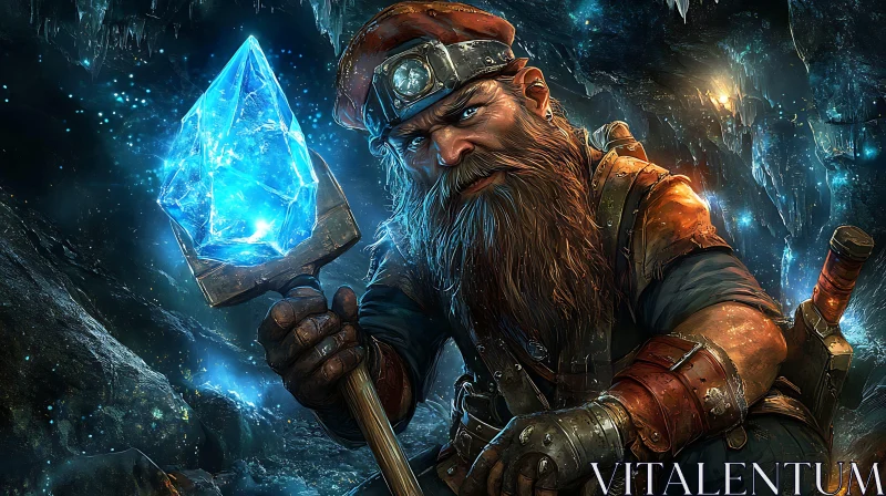 AI ART Fantasy Dwarf Miner Holding a Crystal