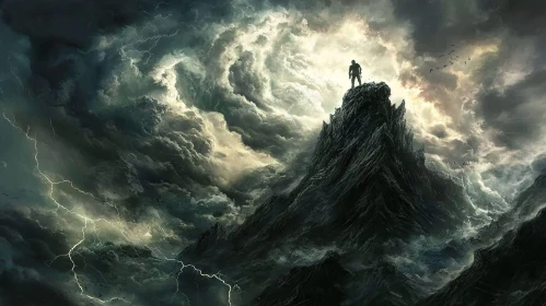 Figure on Mountain Top During Storm