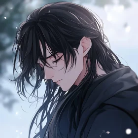 Black-Haired Anime Character in Winter