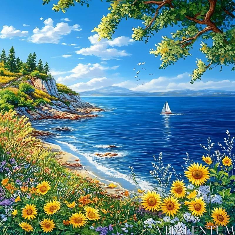 Coastal View with Sailboat and Flowers