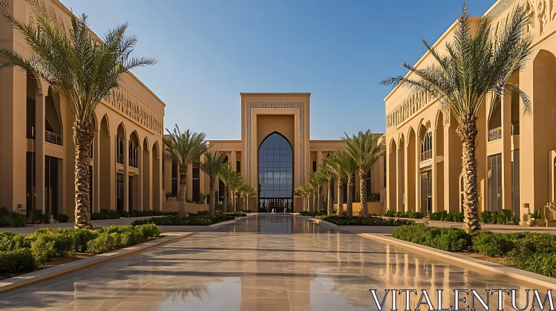 Symmetrical Architecture with Tall Arched Windows and Palm Trees