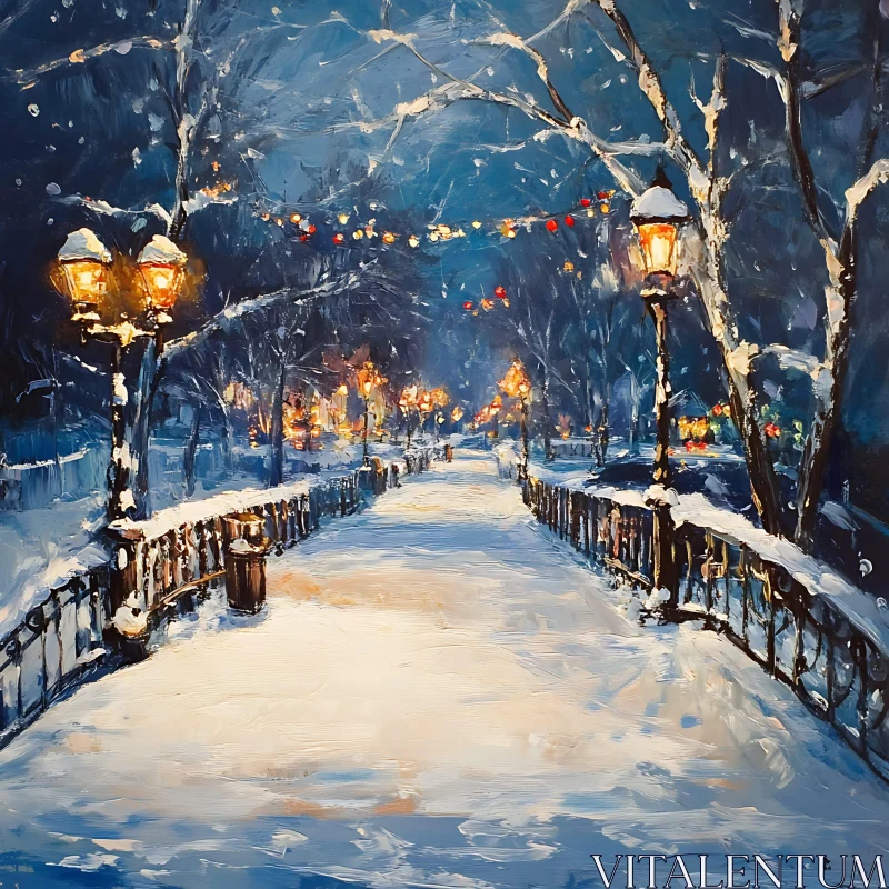 Snowy Bridge at Night Painting