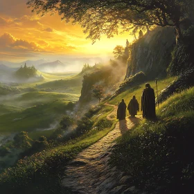Monks Journey at Sunset in Nature