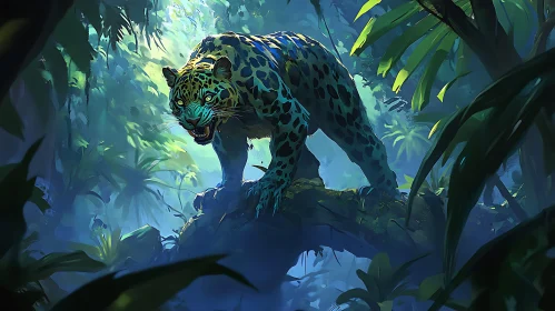 Teal Jaguar Portrait in Rainforest